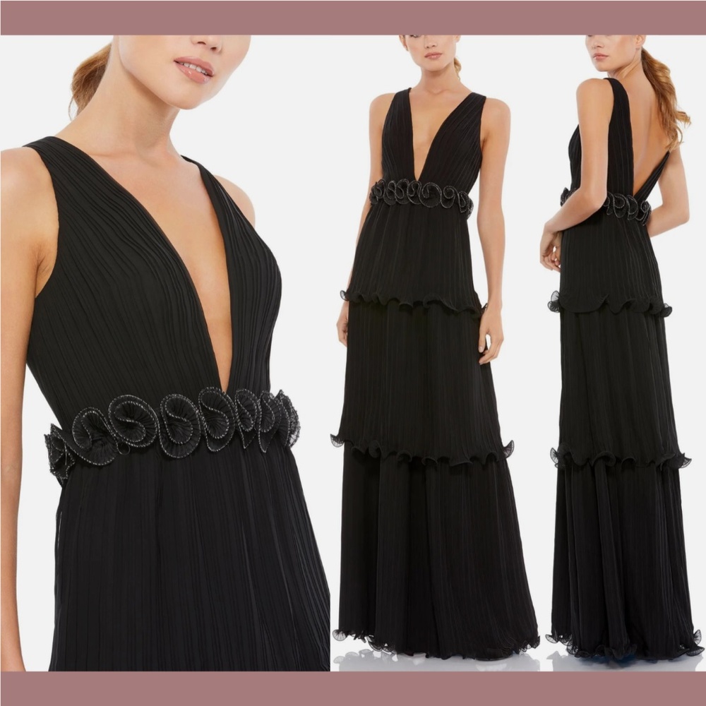 NWT $398 IEENA Mac Duggal [ 4 ] Rosette Ruffle Layered‎ Rosette Dress Gown Black